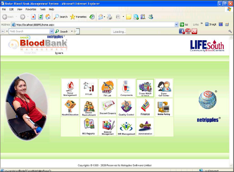 Netripples Badar Blood Bank Management System Software is a comprehensive ready to use software designed to automate and manage the activities of the Blood Bank which includes Donor Registration, Camp Donations, Blood Unit or Donor Screening, Cross Matching, Blood Unit Inventories, Patient Issues, Finance  Billing.